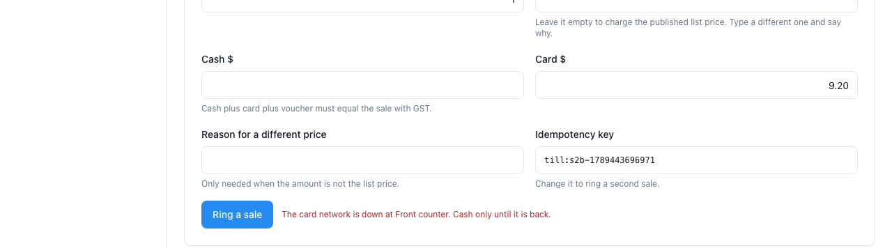With the card network down, a card tender is refused and cash still rings.