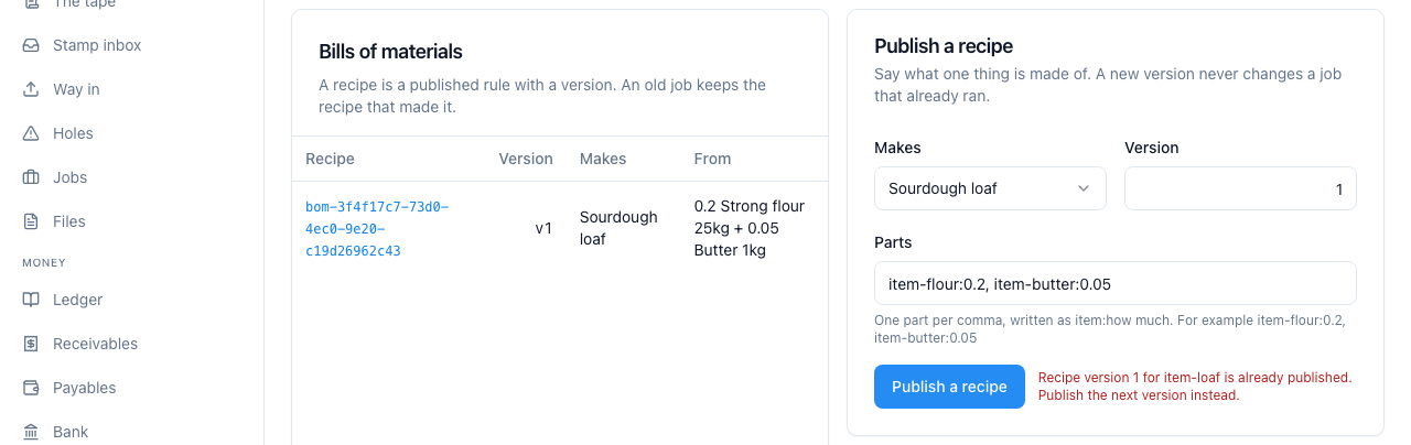 The same recipe version twice is refused. Publish the next version instead.