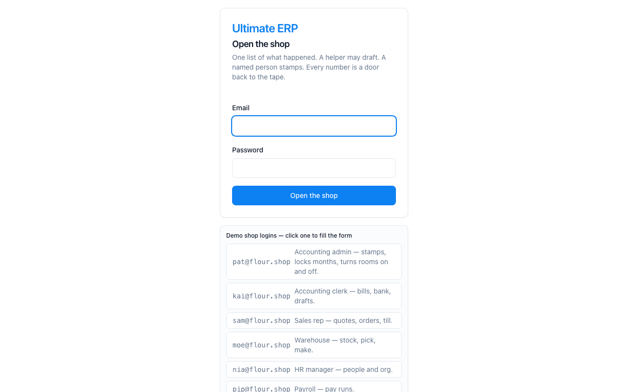 The login page. Each demo person is a button that fills the form.